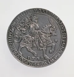 Kronungsdoppelguildiner (duplo-guildener) do Imperador Maximiliano I (1493-1519), Antuérpia Mint, reedição de uma moeda de 1509, 1517 (anverso) (prata) (para reverso ver 168075)