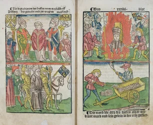 Jan Hus, queimado na fogueira do Concílio de Constança, de "História do Concílio de Constança", publicado em 1483
