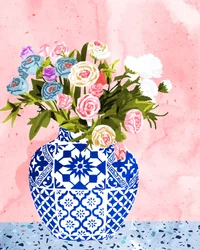 Flores no vaso azul