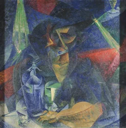 Decomposição da figura da mulher na mesa por Umberto Boccioni (1882-1916), óleo sobre tela, 86x86 cm, cerca de 1912