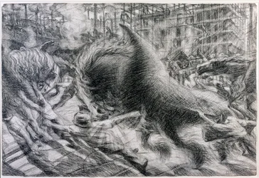 Futurismo: "La citta che dirty" (A cidade em ascensão). Desenho em cartolina por Umberto Boccioni (1882-1916)