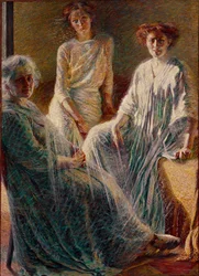 Três mulheres. Todas vestidas de branco, simbolizam as três idades da vida. Pintura de Umberto Boccioni (1882-1916), 1909-1910, Sol, 180 x 132 cm, colecção particular