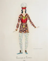 Traje para o Príncipe da Pérsia de Turandot de Giacomo Puccini, esboço de Umberto Brunelleschi (1879-1949) para a primeira apresentação da ópera no Teatro alla Scala em Milão, 25 de abril