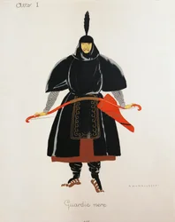 Traje para os guardas negros de Turandot de Giacomo Puccini, esboço de Umberto Brunelleschi (1879-1949) para a primeira representação da ópera no Teatro alla Scala de Milão, 25 de abril