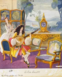Cena no estilo de Luís XIV, cenário teatral, aquarela