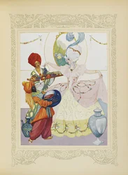 Enchemos bacias, servimos-lhe fruta e frascos de compota, ilustração de 
