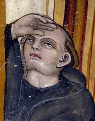 Um monge a olhar para o céu. Detalhe do último encontro em 06/02/547 de São Bento de Nursie e sua irmã Ste Scholastic, alguns dias antes da morte da freira - Fresco