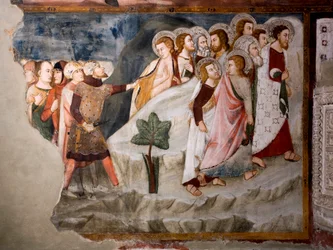 O voo dos apóstolos. O detalhe. Fresco da escola da Umbria do século XV. Igreja Superior. Mosteiro de São Benedetto (Sacro Speco), Subiaco (Roma), Itália.