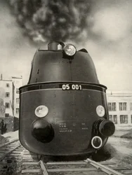 119 milhas por hora foram alcançadas em um teste realizado por esta nova locomotiva aerodinâmica alemã, 1935-36.