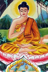20151029, Vientiane, Laos: templo budista Wat Inpeng. Pintura que representa a história da vida do Buda Shakyamuni. O Buda docente representa um momento particular da vida do Buda, nomeadamente o primeiro sermão que o Buda proferiu depois de alcançar a