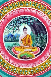 20151029, Vientiane, Laos : Wat templo budista Inpeng. Pintura retratando a história de vida de Shakyamuni Buda. Buda sentado na pose de meditação