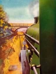 Uma estrada desobstruída do táxi de uma locomotiva atlântica Railway do sul, 1935.