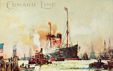 Um forro oceânico da Cunard entra no rio North, Nova York, EUA, c1900.