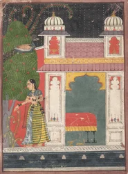 Uma heroína que arranca uma flor: página de um Nayikabheda disperso, ca. 1660-80.