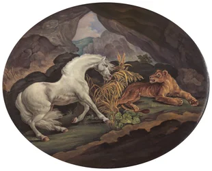 Um cavalo assustado por uma leoa, ca. 1800.