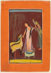Uma senhora com atendente e um par de cervos, provavelmente Gujari Ragini de Dipak, de um Pahari Ragamala, 1