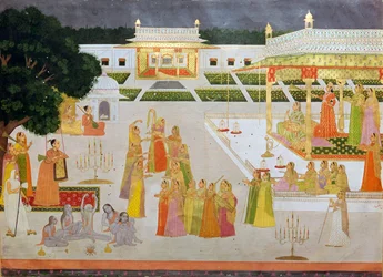 Uma pintura Mughal de uma princesa e suas damas celebrando Diwali