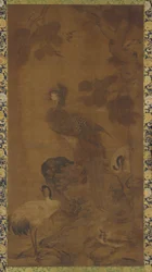 Uma Phoenix e dois guindastes sob uma árvore, dinastia Ming, século XVI-XVII.