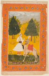 Um guerreiro de Rajput com camelo, possivelmente Maru Ragini de um Ragamala, 1650-80.