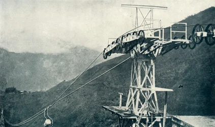 Uma vista em uma estrada de ferro de corda, ou teleférico, 1922.