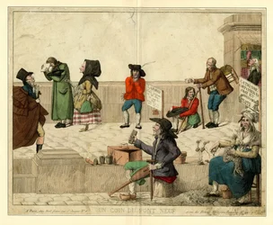 Uma esquina da Pont Neuf, Paris, com mendigos coxos e vendedores ambulantes, por volta de 1813.
