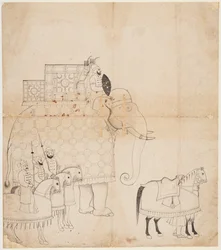 Um desenho de Elefante e Cavalos Caparisoned, c. 1760