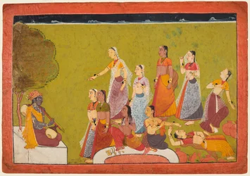 Um grupo de mulheres em êxtase antes de Madhava, de uma série de Madhavanala Kamakandala, c1700.