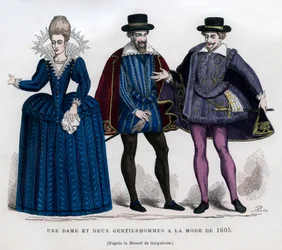 Uma senhora e dois senhores em trajes franceses de 1605 1882-1884