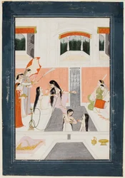 Uma senhora em seu banheiro ouve música ao lado de uma cascata de água do palácio, c. 1780