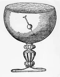Uma agulha magnetizada empurrada através de uma bola de cortiça, flutuando submersa em um cálice de água, 1600
