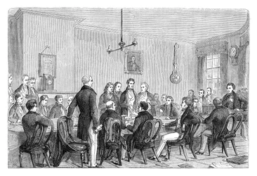 Uma reunião da Liga da Lei Anti-Milho no Newalls Building, Manchester, 1838 c1895