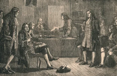 Uma reunião da Royal Society em Crane Court, Fleet Street, Londres, século XVIII, c1880.