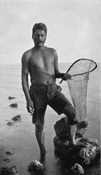 Um camarão nativo, Havaí, com sua rede, 1902