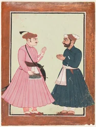 Um nobre, provavelmente Raja Gaur Sen, recebe outro nobre, c. 1700-20.