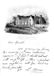 Uma nota de Sterne a Garrick e uma vista da casa de Sternes em Yorkshire, século XVIII, 1840