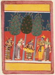 Uma página de uma série Rasikapriya: Krishna e Radha e os Sakhis com instrumentos musicais, c. 1650