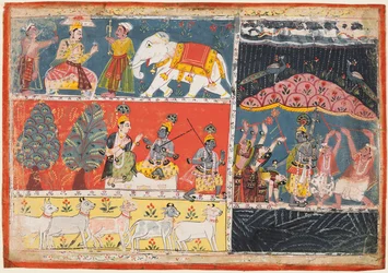 Uma página do Bhagavata Purana: Indra envia uma torrente de chuva, Krishna levanta o Monte. Govardhana, 1686.