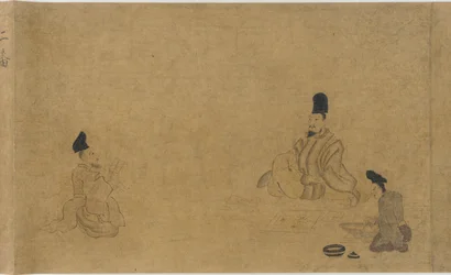 Um concurso de composição de poemas entre vários artesãos, período Nanbokucho, 1333-1392.