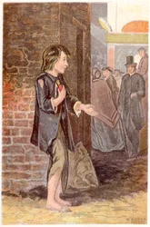 Um menino pobre, sem sapatos e com trapos, implorando na esquina, c1880