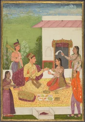 Um príncipe conversando com uma mulher enquanto toma refrescos no terraço, c. 1710-1720.