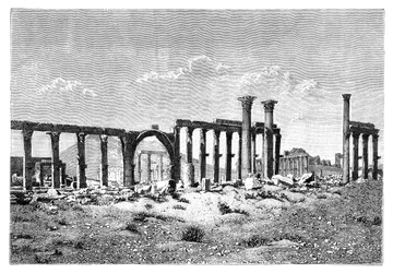 Uma colunata em ruínas em Palmyra Tadmur, Síria, 1895