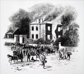 Uma cena dos motins de Birmingham de 1791.