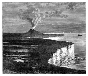 Um vulcão escudo na ilha da reunião, Oceano Índico, c1890
