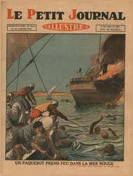 Um navio pega fogo no Mar Vermelho, 1930.