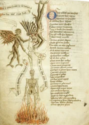 Uma alma puxada de seu cadáver por um demônio. Da escala da perfeição por Walter Hilton, ca 1460