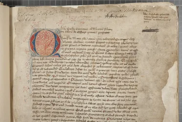 Uma transcrição, em três mãos, das obras filosóficas de Marcus Tullius Cicero aparentemente tirada da editio romana de 1471, com marginalia na mão de Archibald Whitelaw e outros, c.1480 (tinta sobre pergaminho)
