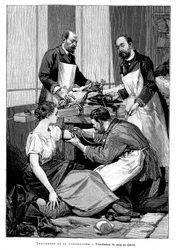 Paciente com tuberculose recebendo transfusão de sangue de cabra, 1891