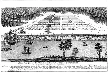 Uma vista da cidade de Savanah, na colônia da Geórgia, Carolina do Sul, 1741, c1880