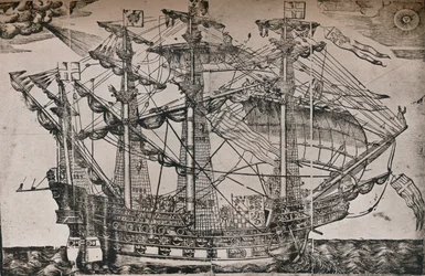 Uma xilogravura de um navio que se acredita ser The Ark Royal, c1587