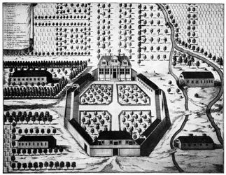 Vista aérea da propriedade vinícola de Vergelegen, África do Sul, século XVIII 1931